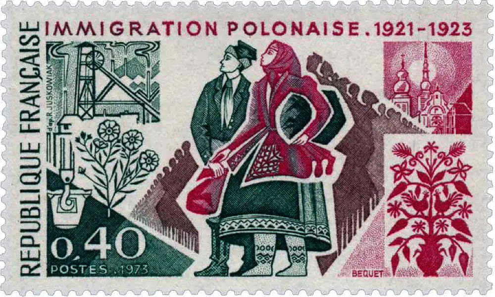 1973 r. — Znaczek dla upamiętnienia polskiej imigracji w okresie międzywojennym (Domena publiczna).
